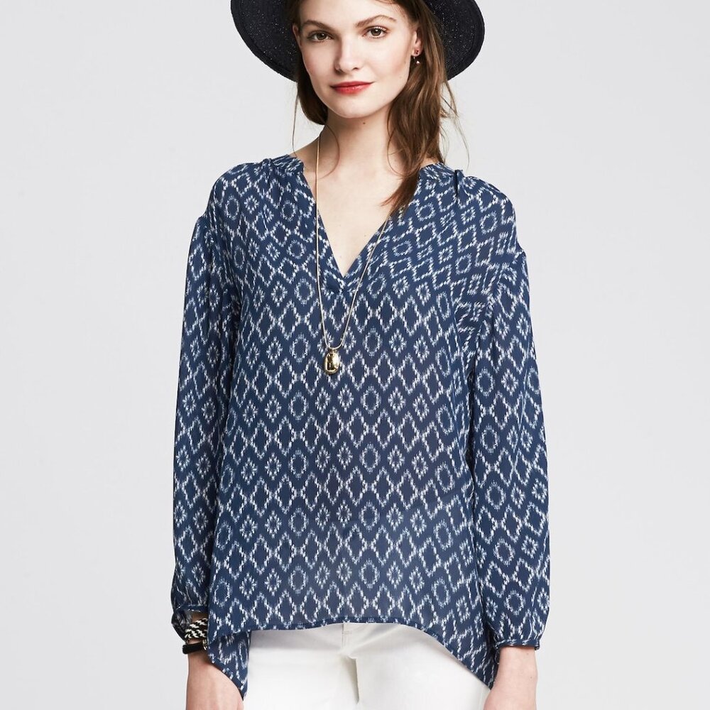 Banana Republic Blue Ikat Popover Blouse